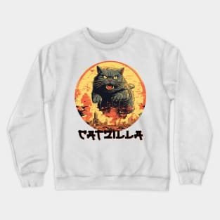 Catzilla Vintage Funny Cute Cat Art Japanese Sunset Crewneck Sweatshirt